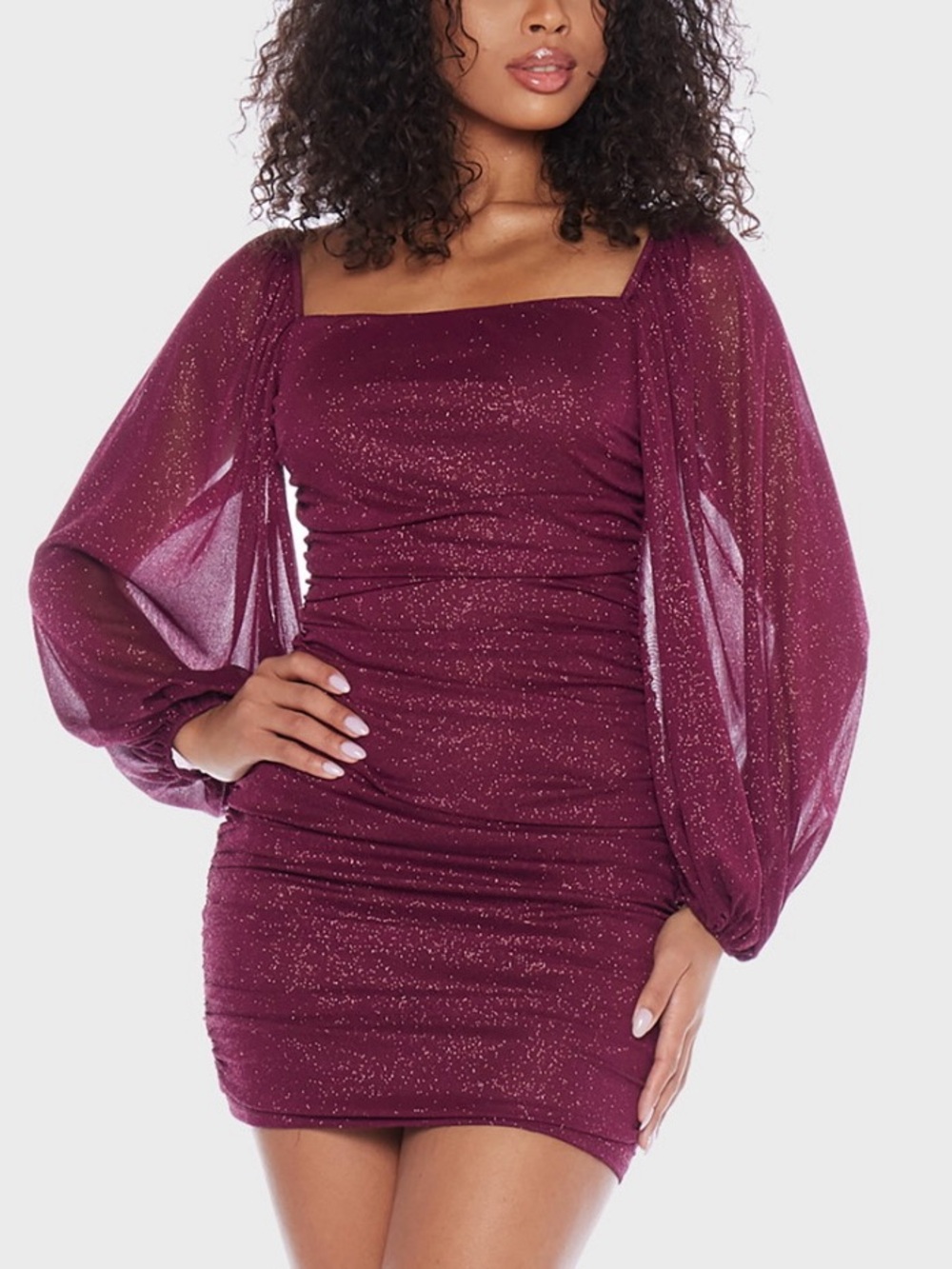 NWT B Darlin Junior’s Glitter Jersey Plum Sparkle Ruched Square-Neck Mini Dress